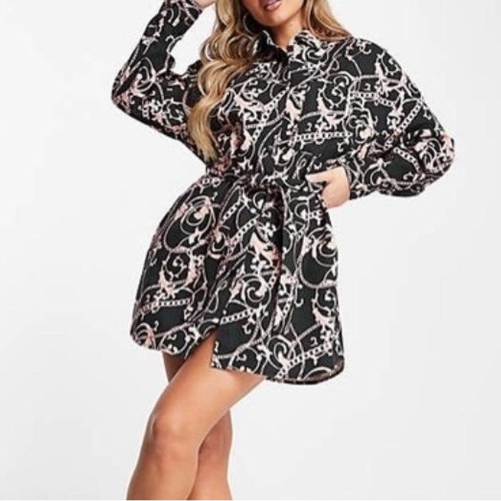 NWOT ASOS DESIGN Curve Belted Twill Mini Swing Shirt Dress - Chain Print size 12